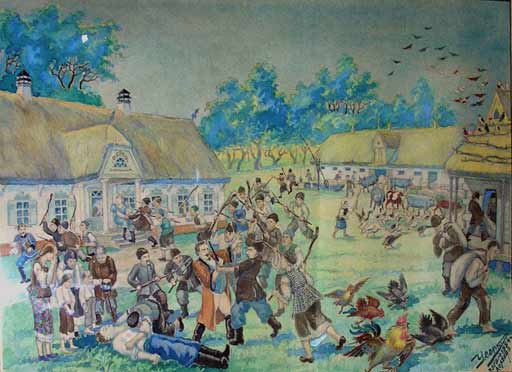 Повстання селян села Жабки 1658 р. Худ. М.Усенко, акварель.